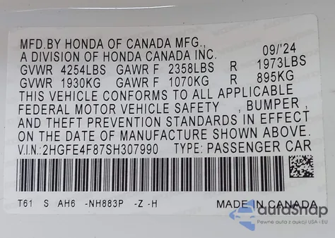 2025 Honda Civic Hybrid Sport/Sport Touring z USA, uszkodzony, nr VIN 2HGFE4F87SH307990